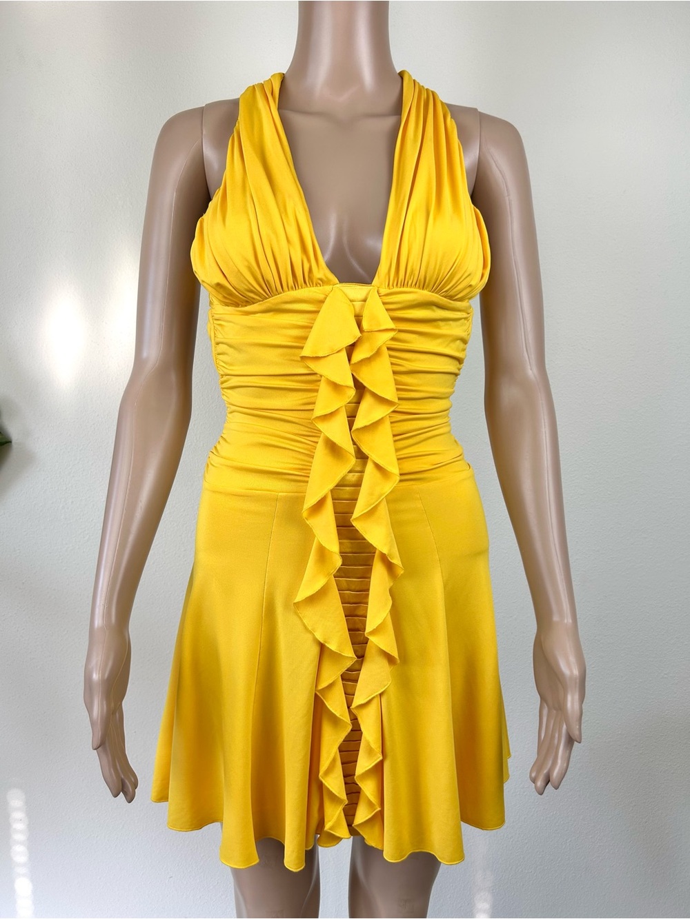 Yellow Ruffled Sleeveless Open Back Dress